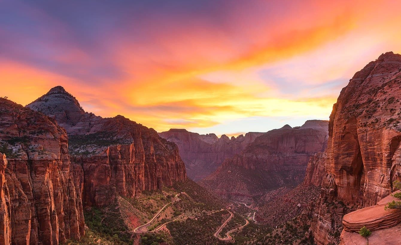 Zion National Park canyon at sunset