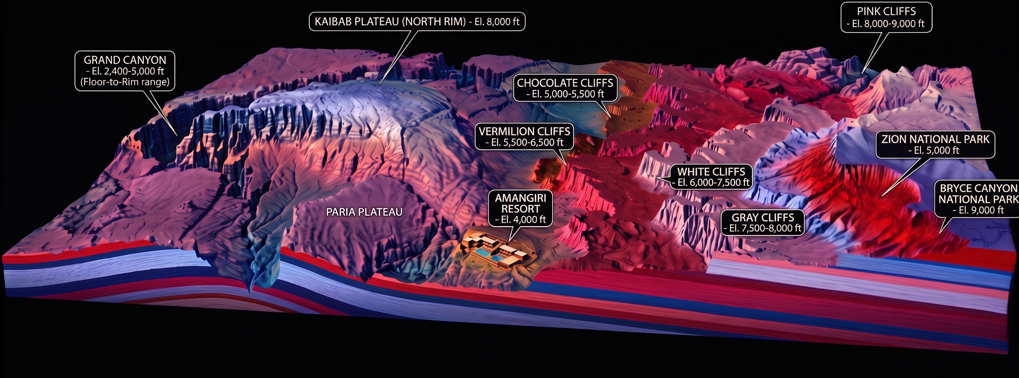 The Grand Staircase — geological cross-section from the Grand Canyon to Bryce Canyon, showing the five named strata layers and the location of Amangiri Resort.