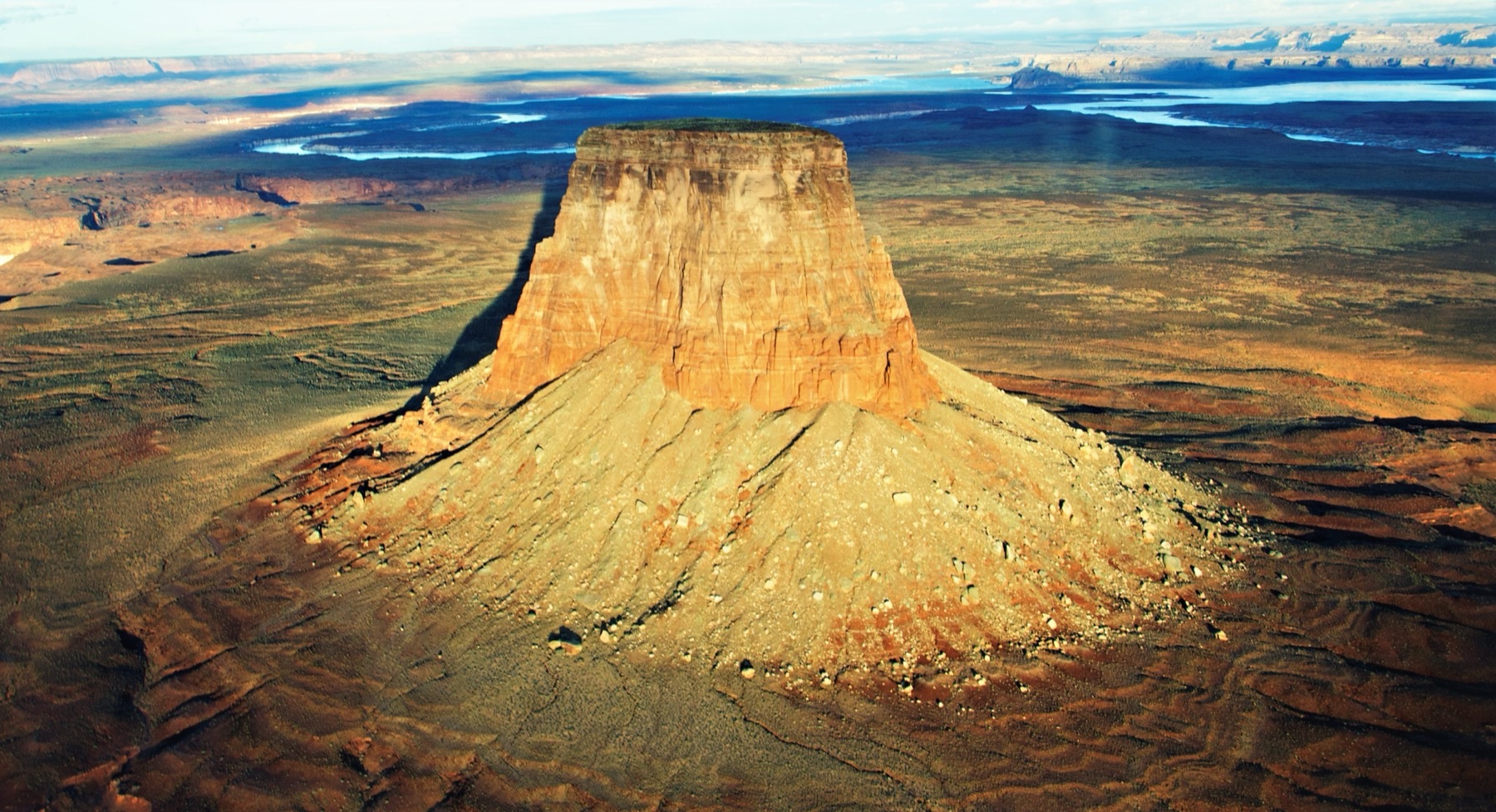 Tower Butte aerial — the 1,000-ft sandstone landing spot
